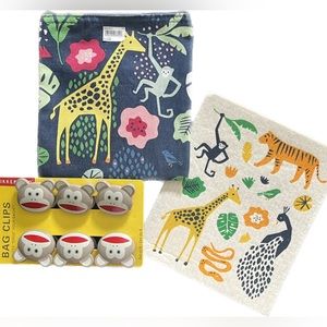 jungle gift bundle: monkey-face bag clips/canvas snack bag/Swedish dishcloth-NWT